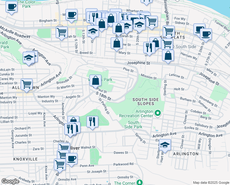 map of restaurants, bars, coffee shops, grocery stores, and more near 1822 Saint Paul Street in Pittsburgh
