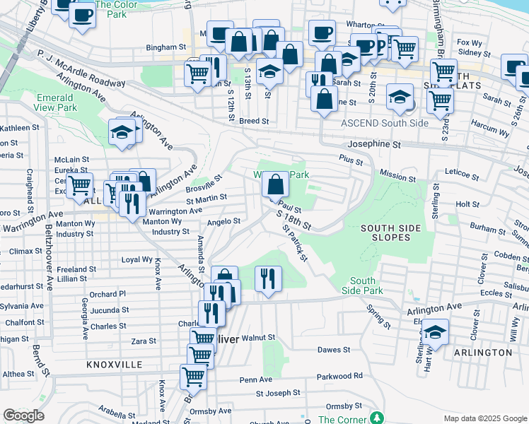 map of restaurants, bars, coffee shops, grocery stores, and more near in Pittsburgh