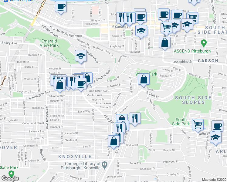 map of restaurants, bars, coffee shops, grocery stores, and more near 1018 East Warrington Avenue in Pittsburgh