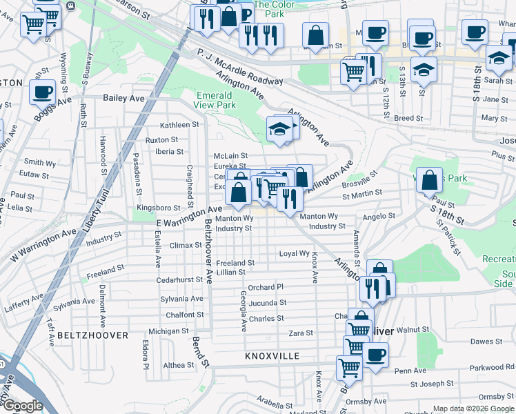 map of restaurants, bars, coffee shops, grocery stores, and more near 719 East Warrington Avenue in Pittsburgh