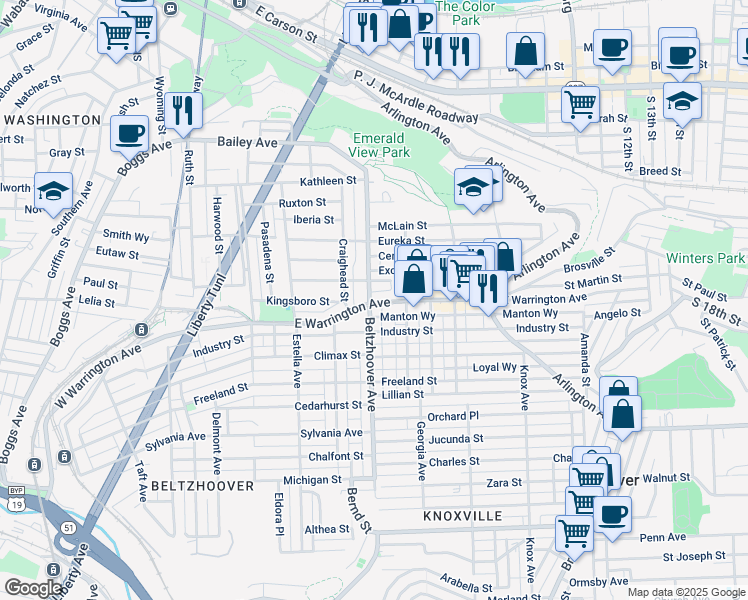 map of restaurants, bars, coffee shops, grocery stores, and more near 617 East Warrington Avenue in Pittsburgh