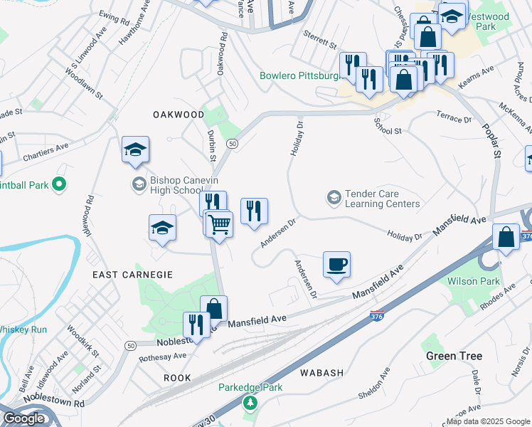 map of restaurants, bars, coffee shops, grocery stores, and more near 730 Holiday Drive in Pittsburgh