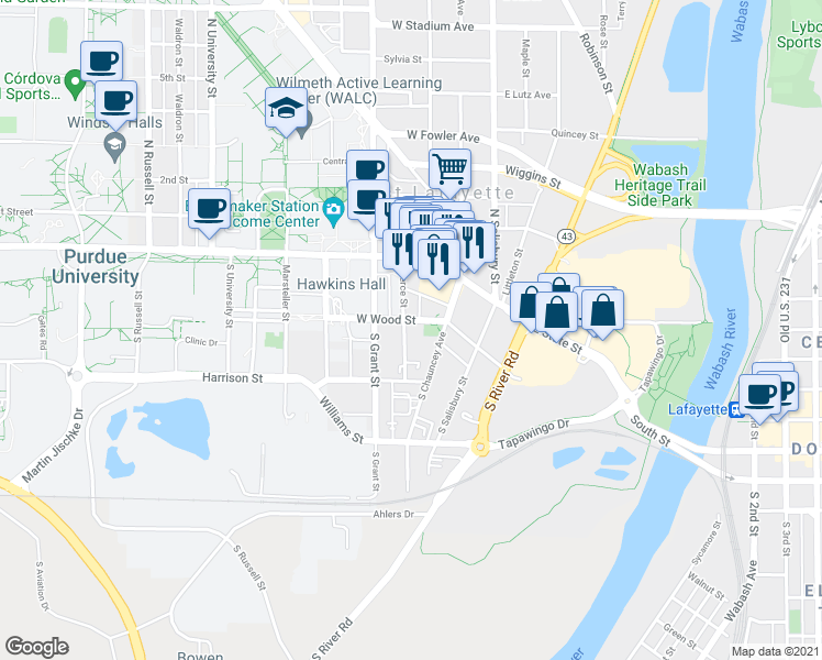 map of restaurants, bars, coffee shops, grocery stores, and more near 135 South Chauncey Avenue in West Lafayette