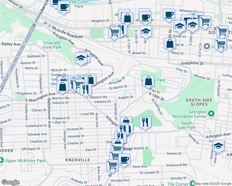 map of restaurants, bars, coffee shops, grocery stores, and more near 1018 East Warrington Avenue in Pittsburgh