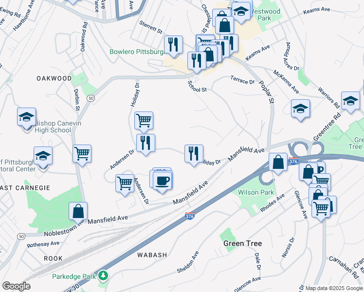 map of restaurants, bars, coffee shops, grocery stores, and more near 425 Holiday Drive in Pittsburgh