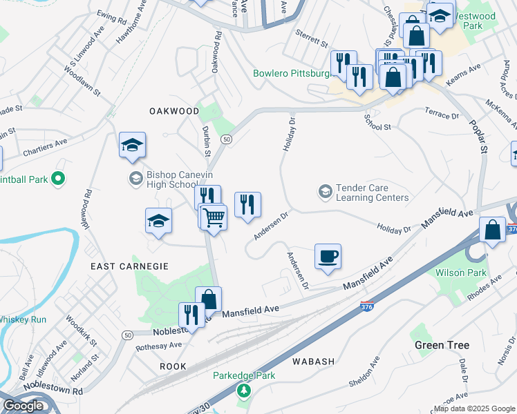 map of restaurants, bars, coffee shops, grocery stores, and more near 730 Holiday Drive in Pittsburgh