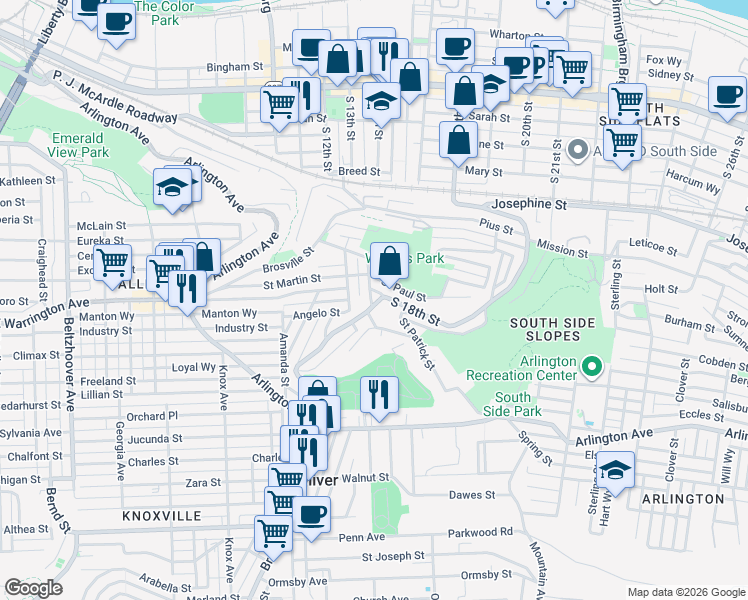 map of restaurants, bars, coffee shops, grocery stores, and more near in Pittsburgh