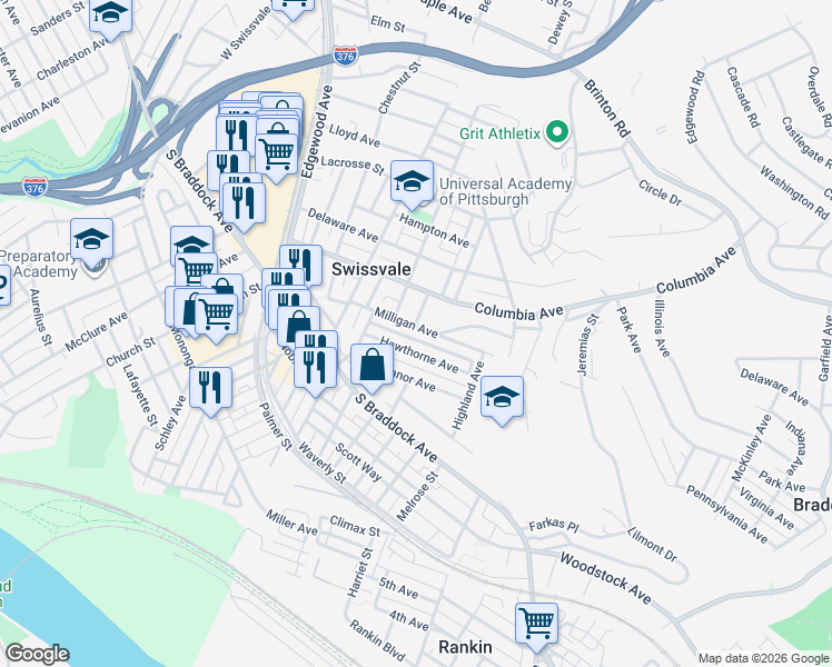 map of restaurants, bars, coffee shops, grocery stores, and more near 2238 Milligan Avenue in Pittsburgh