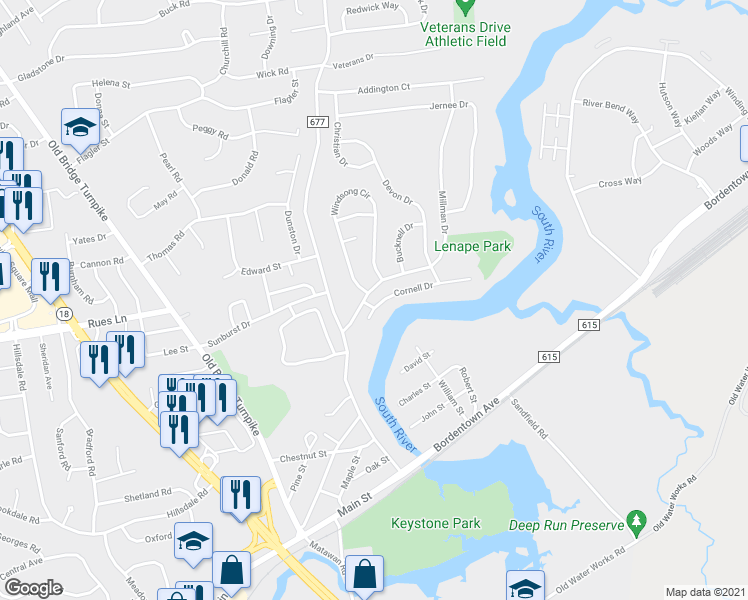 map of restaurants, bars, coffee shops, grocery stores, and more near 6 Cornell Drive in East Brunswick