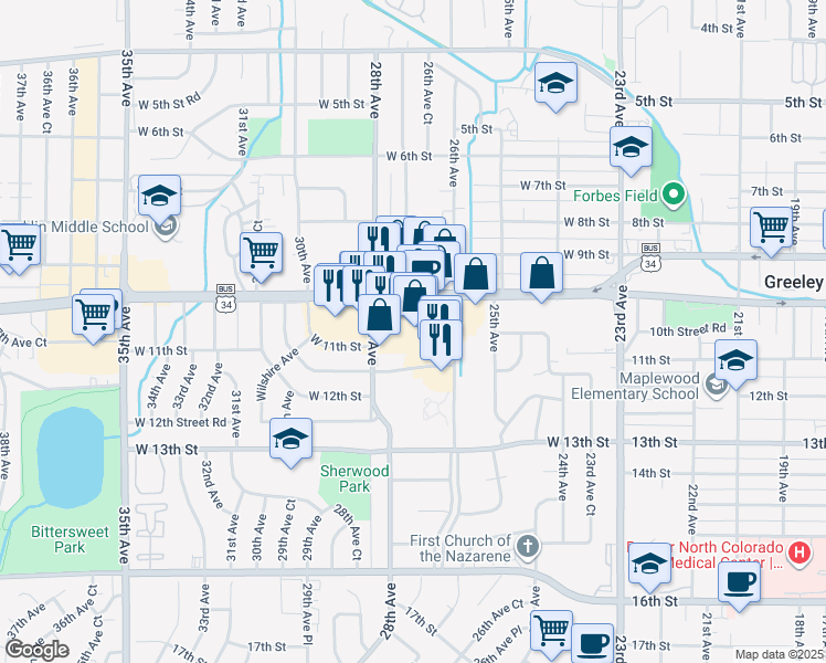 map of restaurants, bars, coffee shops, grocery stores, and more near 2700 West 10th Street in Greeley
