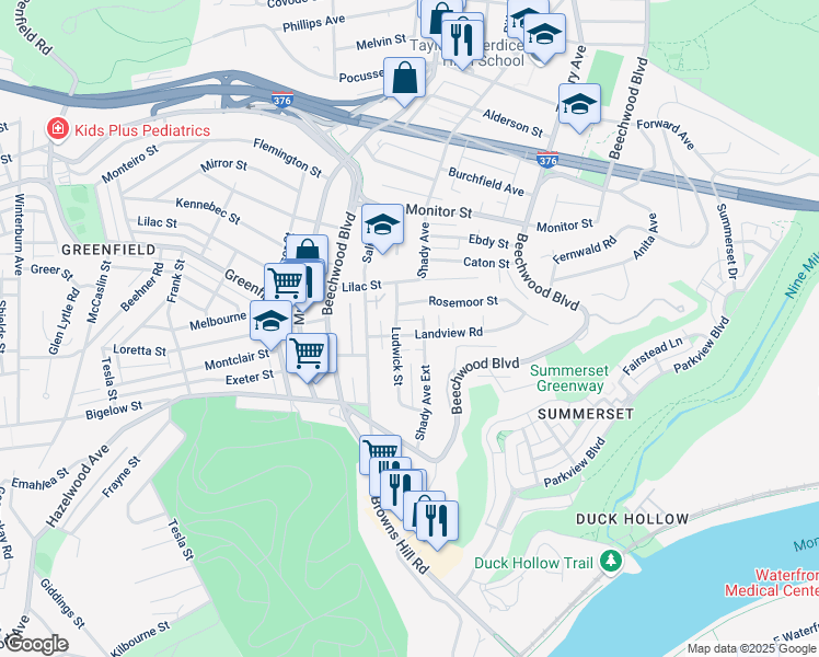 map of restaurants, bars, coffee shops, grocery stores, and more near 6437 Landview Road in Pittsburgh