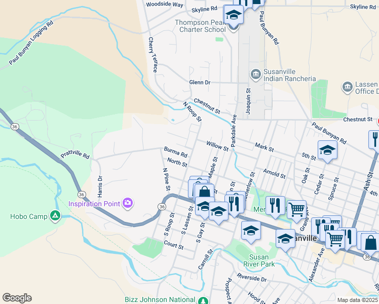 map of restaurants, bars, coffee shops, grocery stores, and more near 275 North Roop Street in Susanville