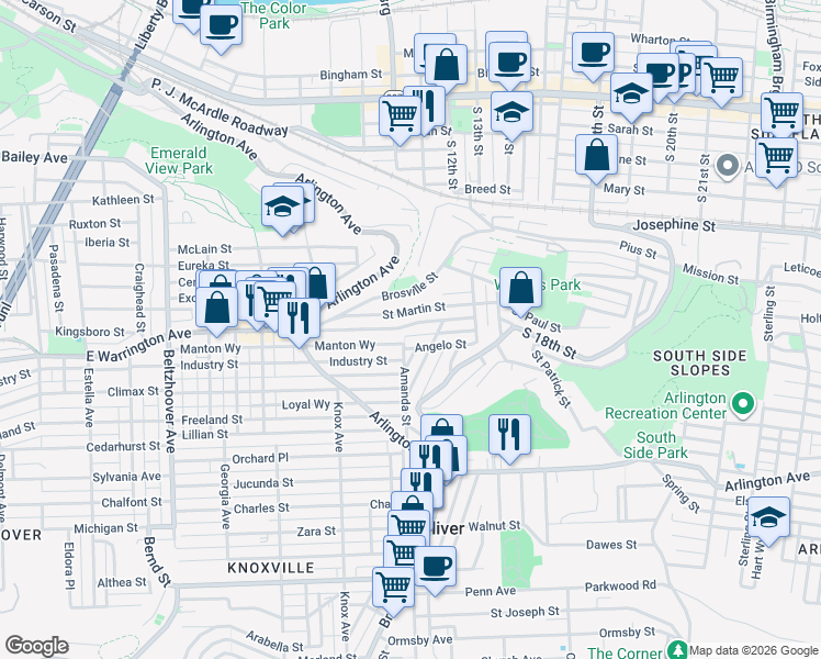 map of restaurants, bars, coffee shops, grocery stores, and more near 1018 East Warrington Avenue in Pittsburgh