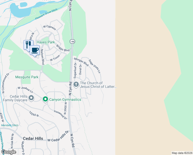 map of restaurants, bars, coffee shops, grocery stores, and more near 10457 Morgan Boulevard in Cedar Hills