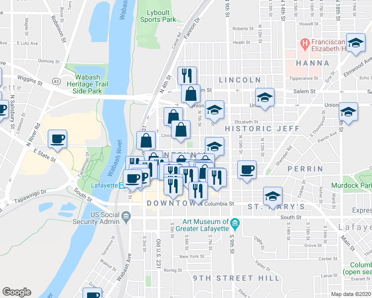 map of restaurants, bars, coffee shops, grocery stores, and more near 498 North 6th Street in Lafayette