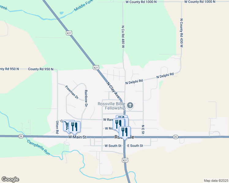map of restaurants, bars, coffee shops, grocery stores, and more near 401 North Clay Avenue in Rossville