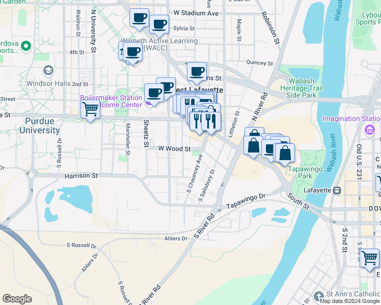 map of restaurants, bars, coffee shops, grocery stores, and more near 221 West Wood Street in West Lafayette