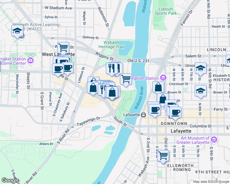 map of restaurants, bars, coffee shops, grocery stores, and more near 325 Brown Street in West Lafayette