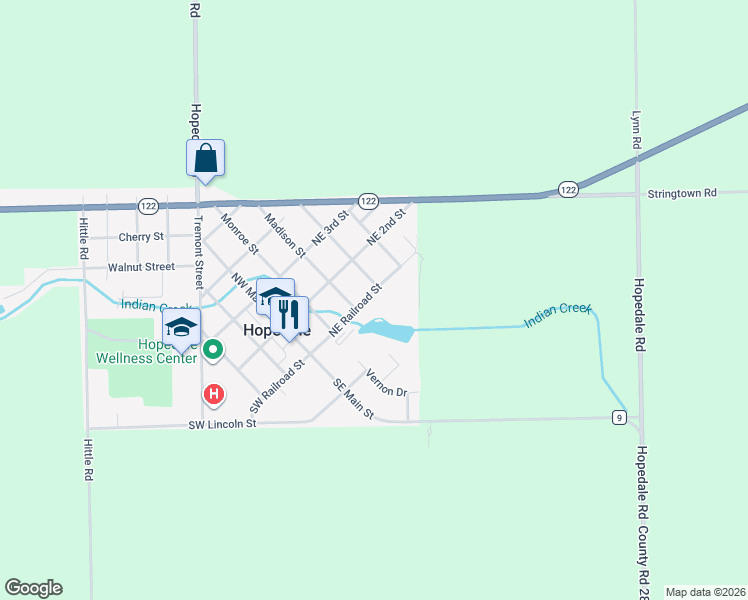 map of restaurants, bars, coffee shops, grocery stores, and more near 315 Northeast Railroad Street in Hopedale