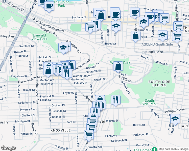map of restaurants, bars, coffee shops, grocery stores, and more near 1018 East Warrington Avenue in Pittsburgh