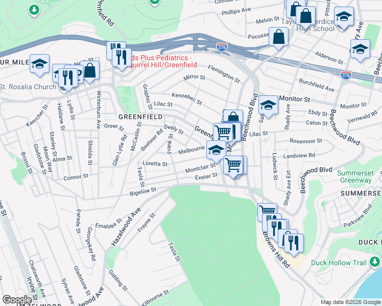map of restaurants, bars, coffee shops, grocery stores, and more near 744 Melbourne Street in Pittsburgh