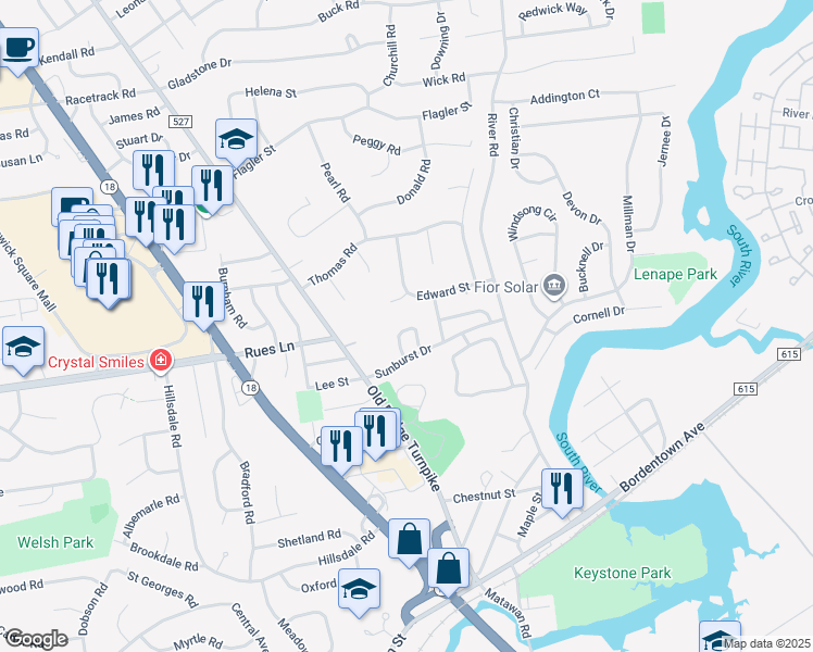 map of restaurants, bars, coffee shops, grocery stores, and more near 21 Allison Drive in East Brunswick