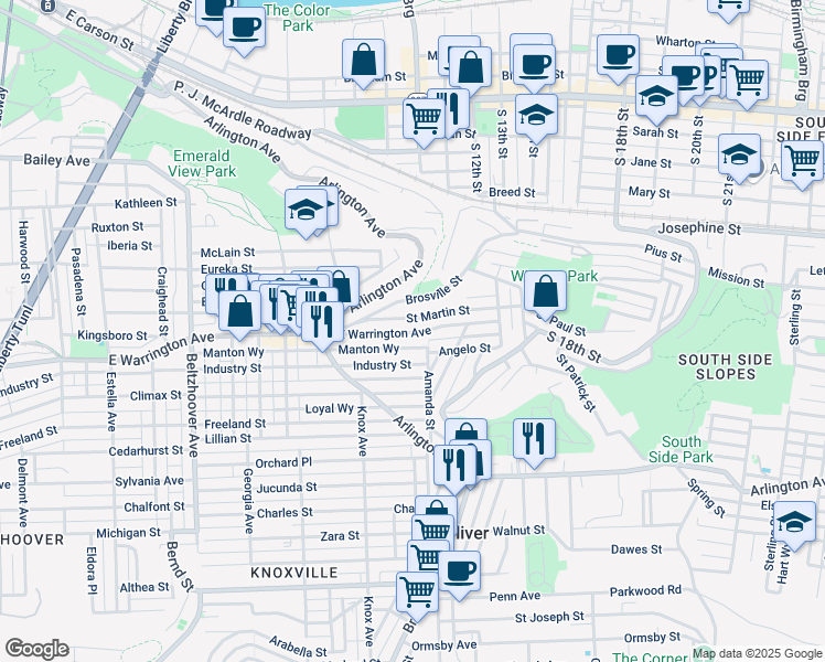 map of restaurants, bars, coffee shops, grocery stores, and more near 969 East Warrington Avenue in Pittsburgh