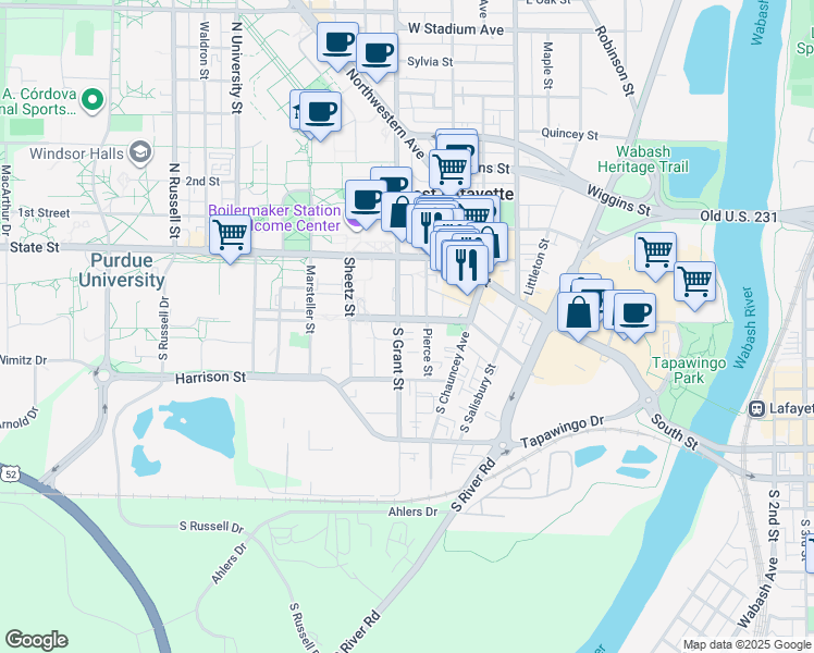 map of restaurants, bars, coffee shops, grocery stores, and more near 261 West Wood Street in West Lafayette