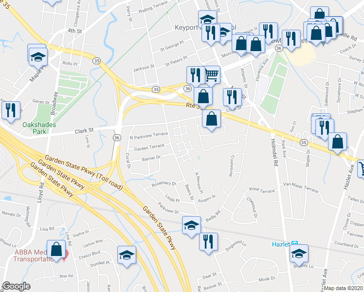 map of restaurants, bars, coffee shops, grocery stores, and more near 105 Village Green Way in Hazlet