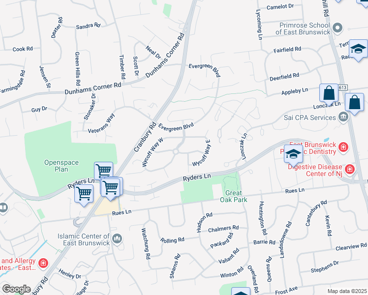 map of restaurants, bars, coffee shops, grocery stores, and more near in East Brunswick
