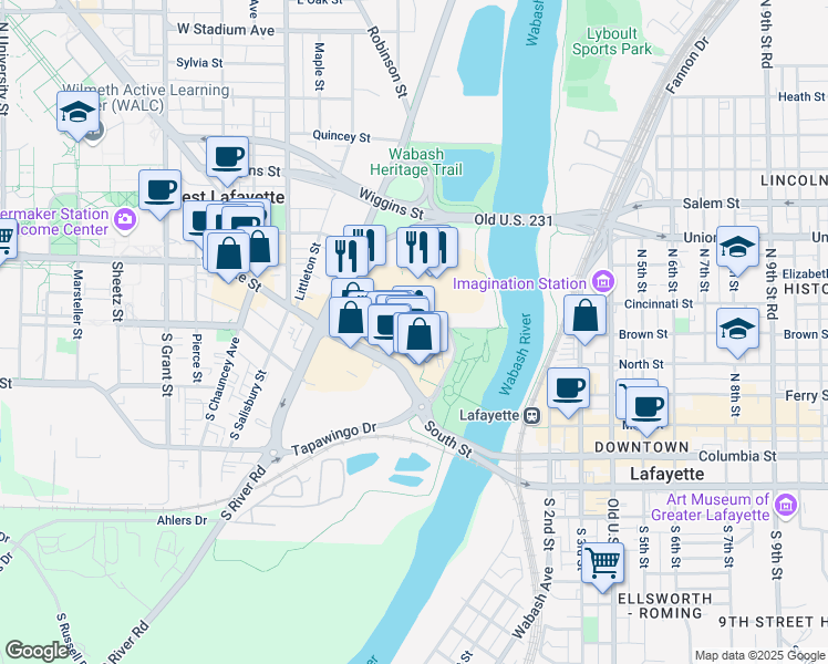 map of restaurants, bars, coffee shops, grocery stores, and more near 325 Brown Street in West Lafayette