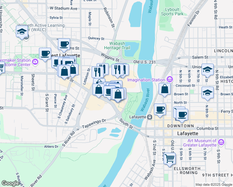 map of restaurants, bars, coffee shops, grocery stores, and more near 325 Brown Street in Lafayette