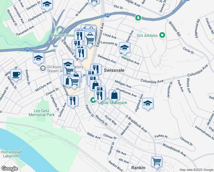 map of restaurants, bars, coffee shops, grocery stores, and more near 7618 Westmoreland Avenue in Pittsburgh