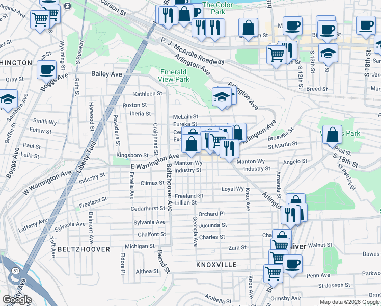 map of restaurants, bars, coffee shops, grocery stores, and more near 719 East Warrington Avenue in Pittsburgh