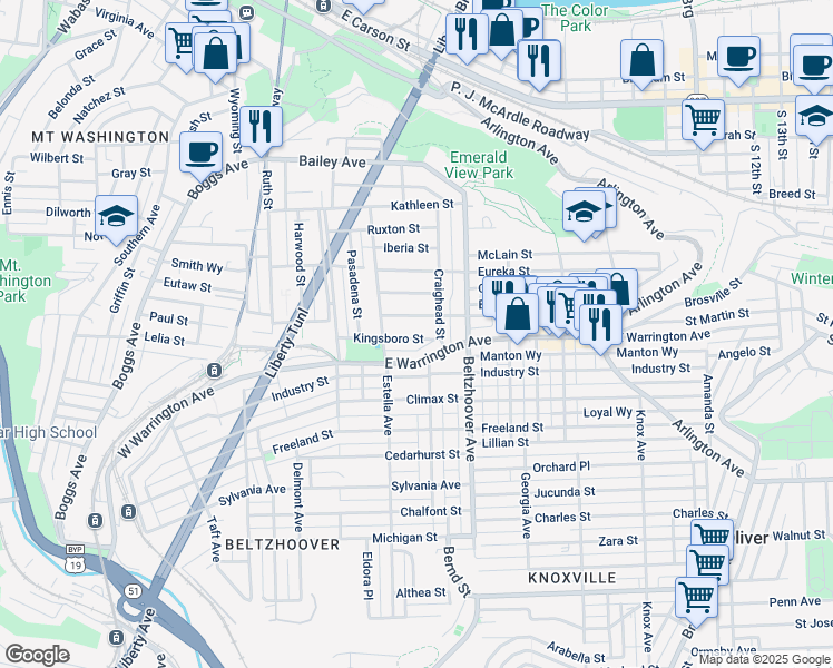 map of restaurants, bars, coffee shops, grocery stores, and more near 427 Kingsboro Street in Pittsburgh