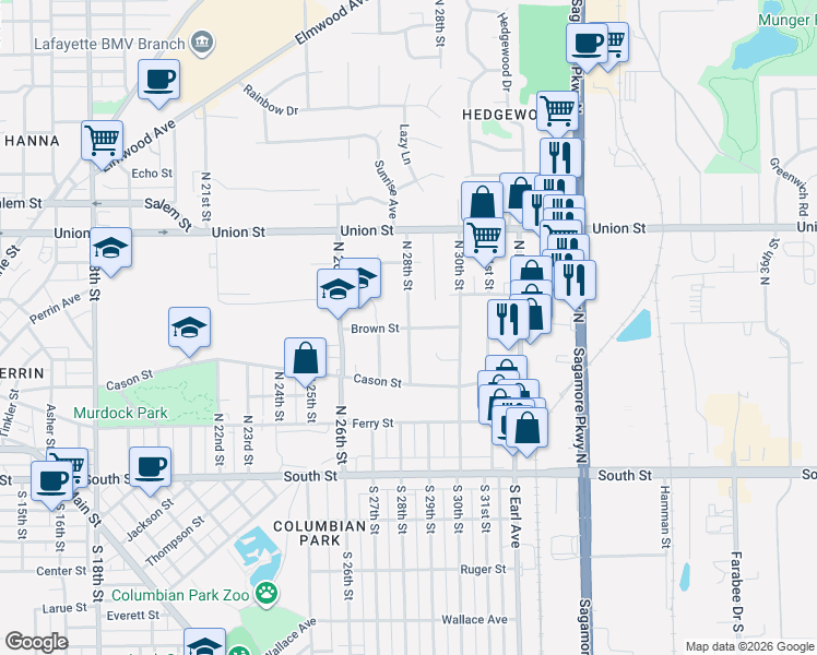 map of restaurants, bars, coffee shops, grocery stores, and more near 600 North 28th Street in Lafayette