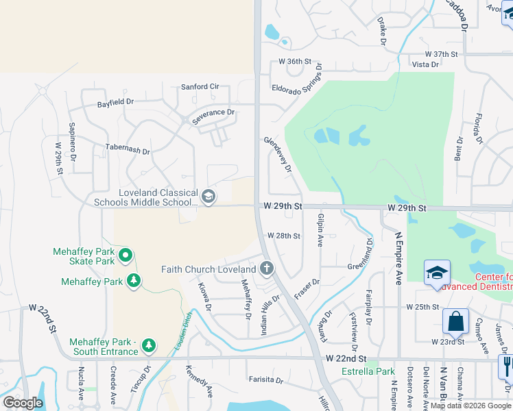 map of restaurants, bars, coffee shops, grocery stores, and more near Wilson Avenue in Loveland