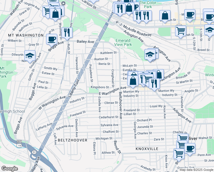 map of restaurants, bars, coffee shops, grocery stores, and more near 427 Kingsboro Street in Pittsburgh