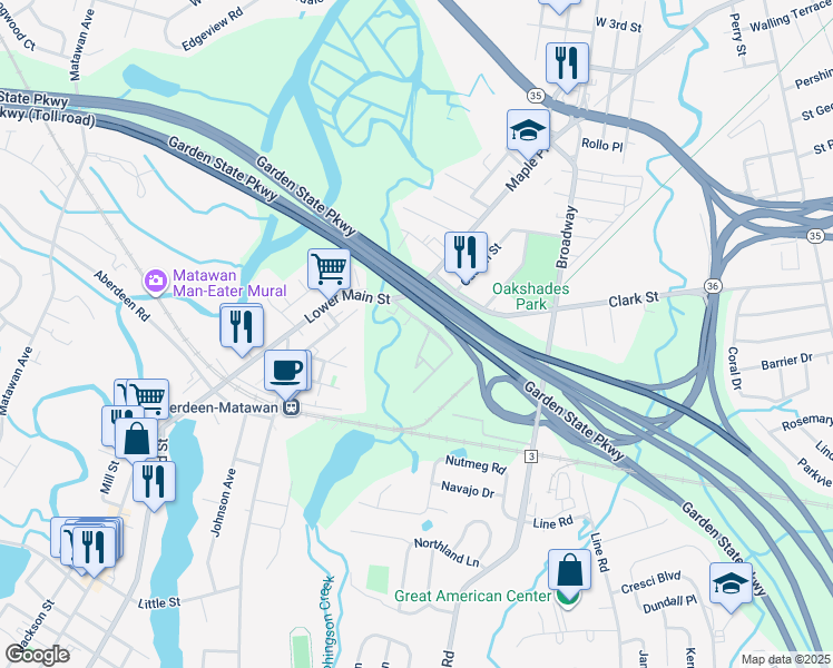 map of restaurants, bars, coffee shops, grocery stores, and more near 1417 Central Avenue in Matawan