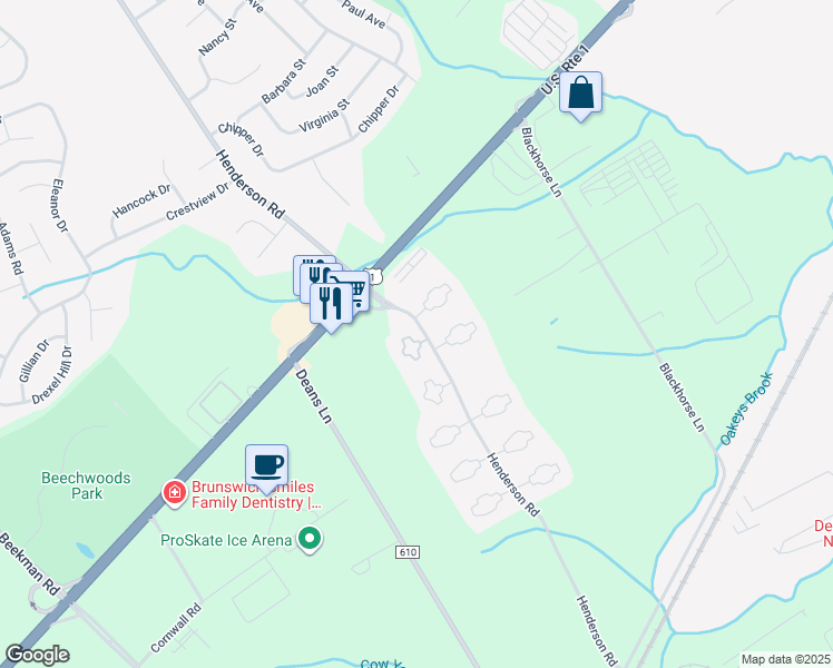 map of restaurants, bars, coffee shops, grocery stores, and more near 13 Tanglewood Court in South Brunswick Township
