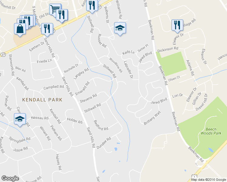 map of restaurants, bars, coffee shops, grocery stores, and more near 74 Stillwell Road in South Brunswick Township