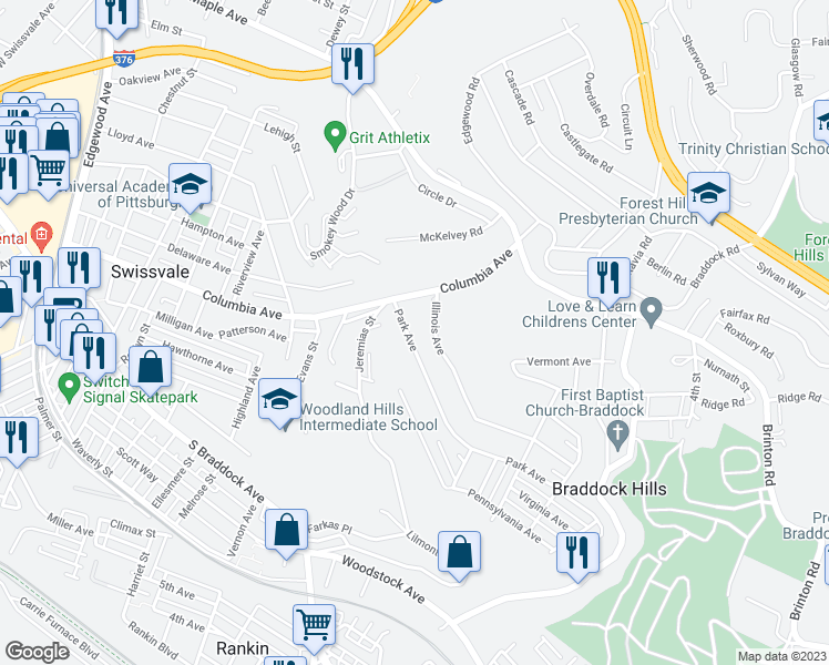 map of restaurants, bars, coffee shops, grocery stores, and more near 986 Illinois Avenue in Pittsburgh