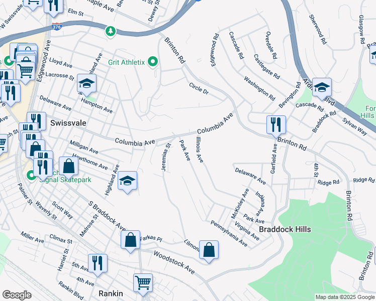 map of restaurants, bars, coffee shops, grocery stores, and more near 986 Illinois Avenue in Pittsburgh