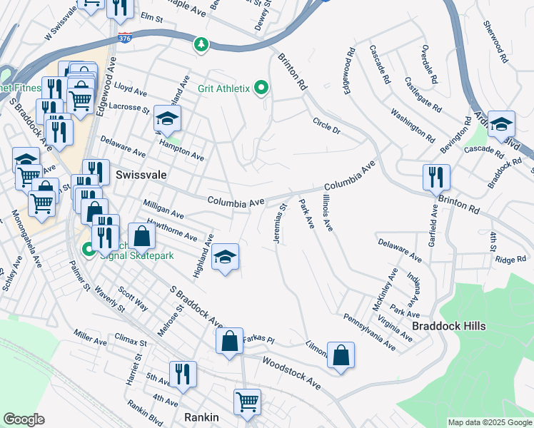 map of restaurants, bars, coffee shops, grocery stores, and more near 2522 Columbia Avenue in Pittsburgh
