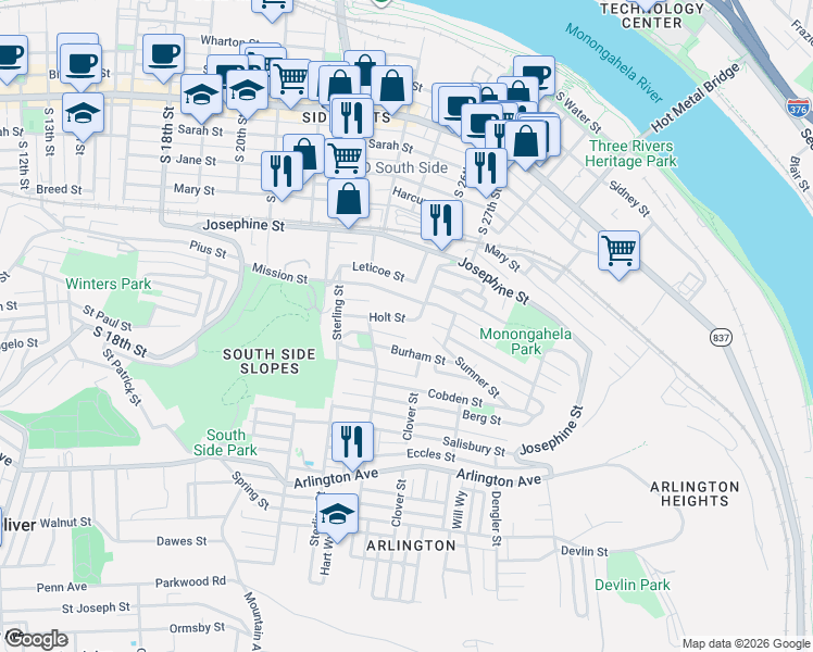 map of restaurants, bars, coffee shops, grocery stores, and more near 76 Holt Street in Pittsburgh