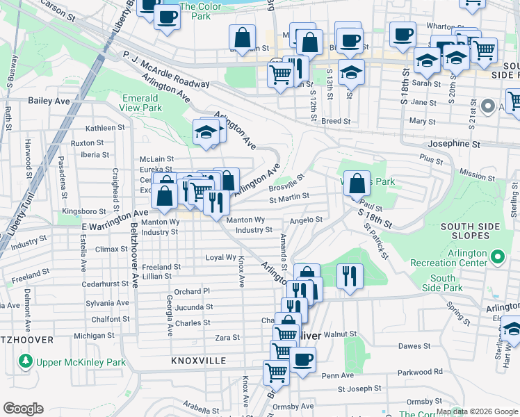 map of restaurants, bars, coffee shops, grocery stores, and more near 969 East Warrington Avenue in Pittsburgh