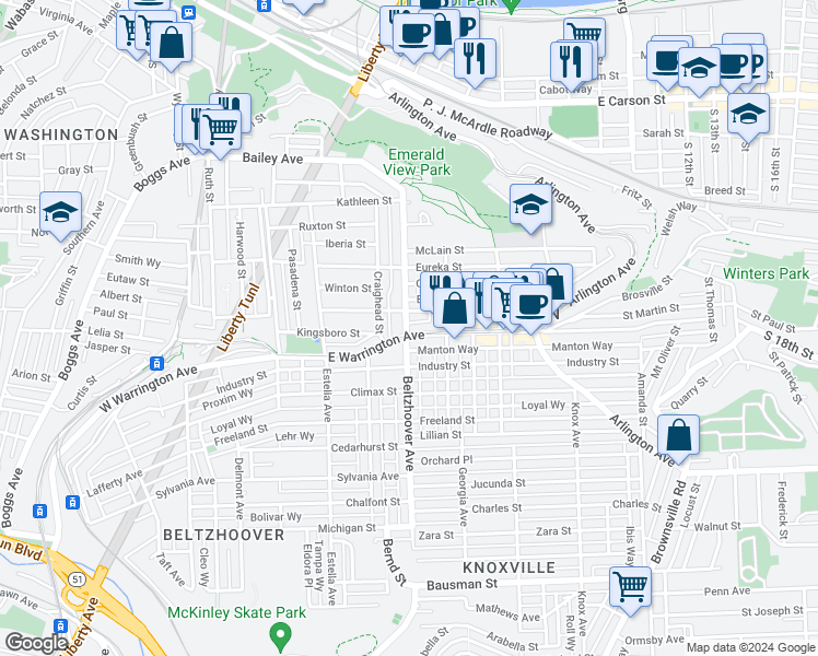 map of restaurants, bars, coffee shops, grocery stores, and more near in Pittsburgh