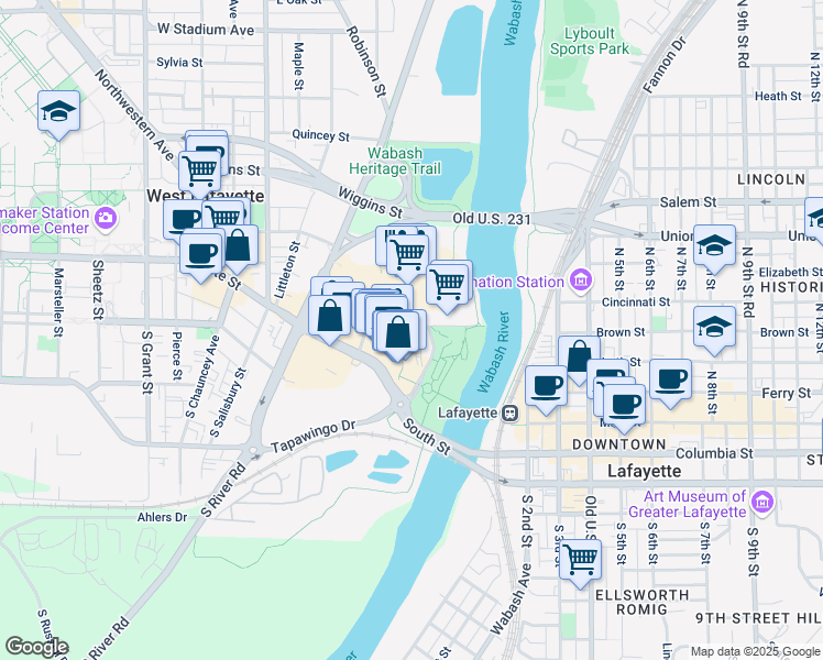 map of restaurants, bars, coffee shops, grocery stores, and more near 385 Brown Street in West Lafayette