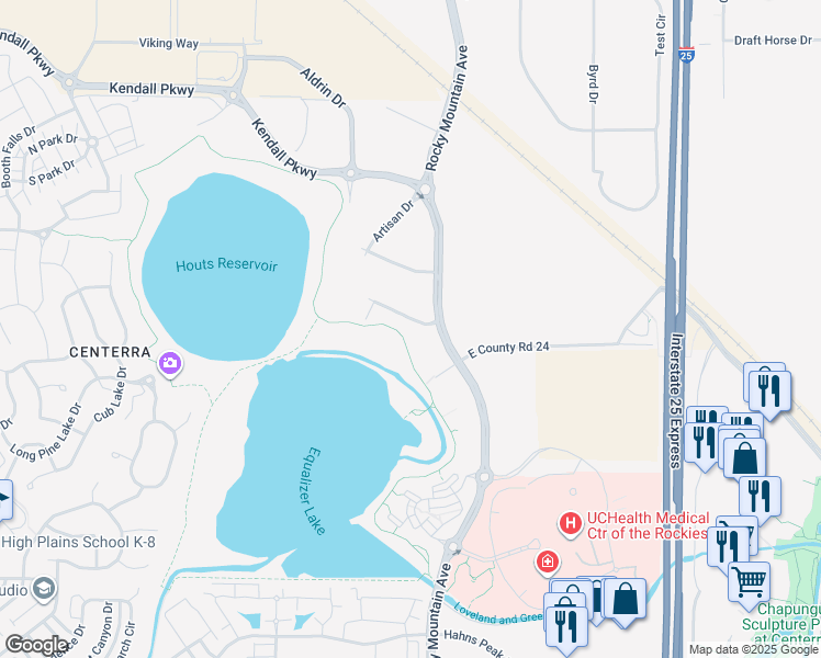map of restaurants, bars, coffee shops, grocery stores, and more near 3005 Rocky Mountain Avenue in Loveland