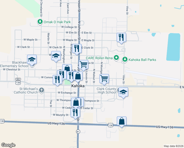 map of restaurants, bars, coffee shops, grocery stores, and more near 274-276 Chestnut Street in Kahoka